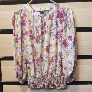 Silk Floral Smocked Hem Blouse - Purple, Yellow & Cream